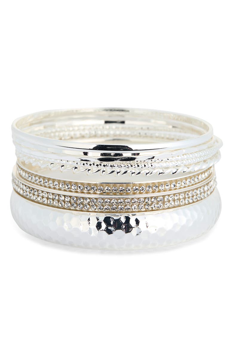 NORDSTROM RACK Set of Pavé Crystal Textured Bangle Bracelets, Main, color, Silver