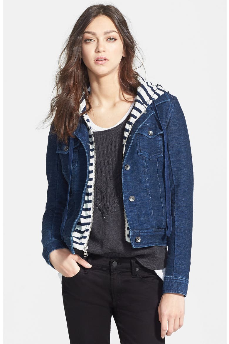 'Indigo' Knit Hood Denim Jacket, Main, color, DARK WASH