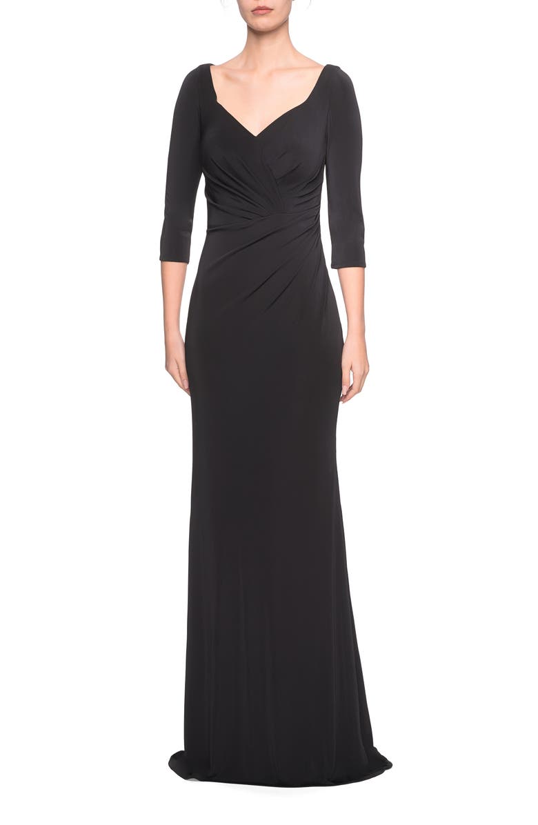 La Femme Ruched Jersey Column Gown, Main, color, 
