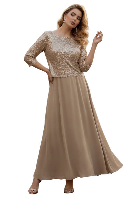 Extended Plus Size Sequin Lace Three Quarter Sleeve A Line Gown