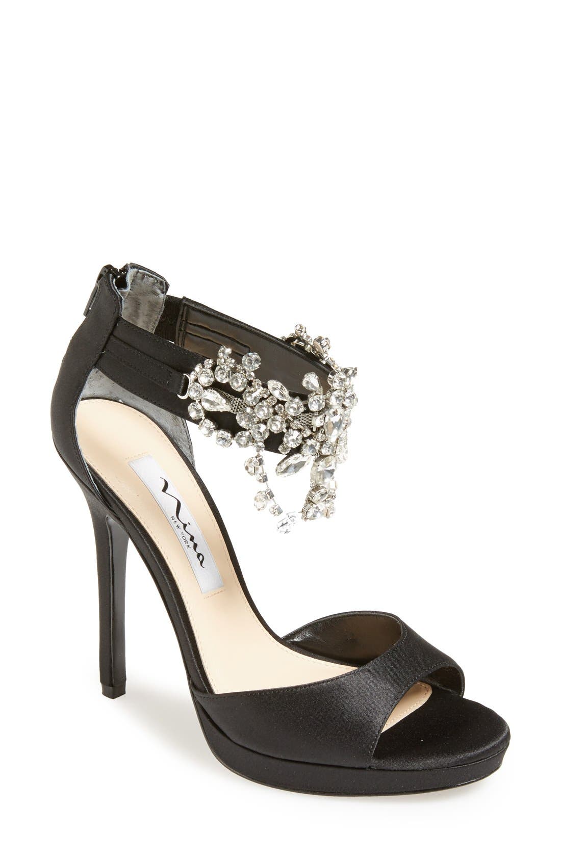 Nina 'Fabiola' Satin & Crystal Ankle Strap Platform Sandal, Main, color, 