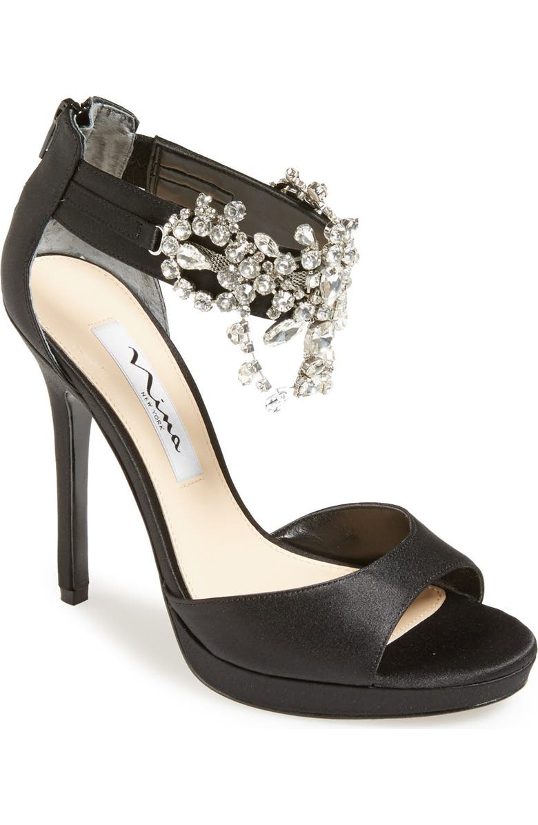 Nina 'Fabiola' Satin & Crystal Ankle Strap Platform Sandal, Main, color,