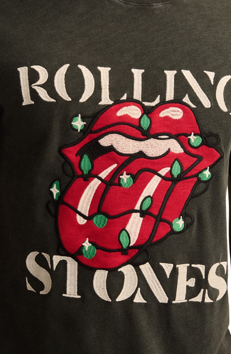 Lucky Brand Rolling Stones Lights Embroidered Appliqué Cotton T-Shirt, Alternate, color, Raven