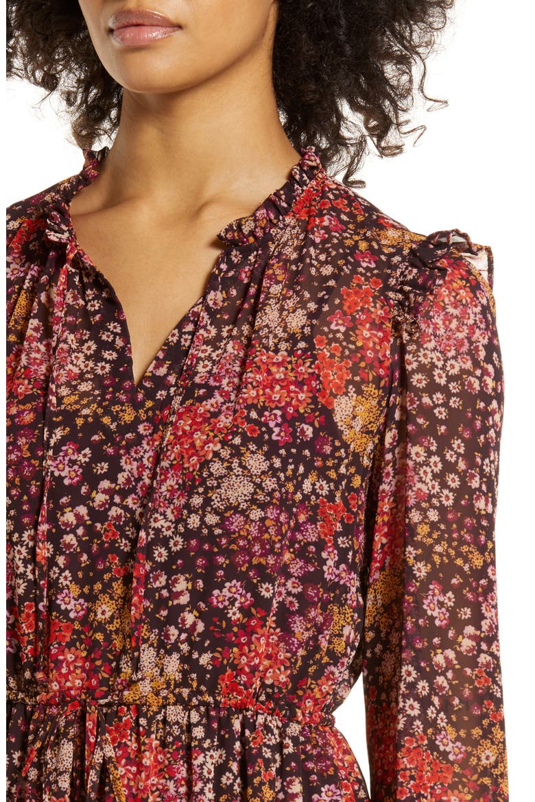 Floral Print Long Sleeve Tiered Midi Dress, Alternate, color, BROWN MULTI