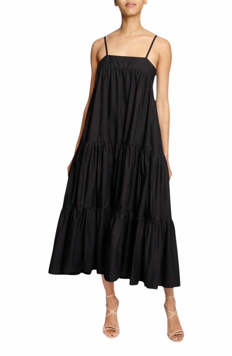 Santorelli Itzel Sleeveless Multi-Tier Midi Dress with Shoulder Straps and Side Pockets in Cotton Poplin, Main, color, Black