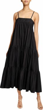 Santorelli Itzel Sleeveless Multi-Tier Midi Dress with Shoulder Straps and Side Pockets in Cotton Poplin