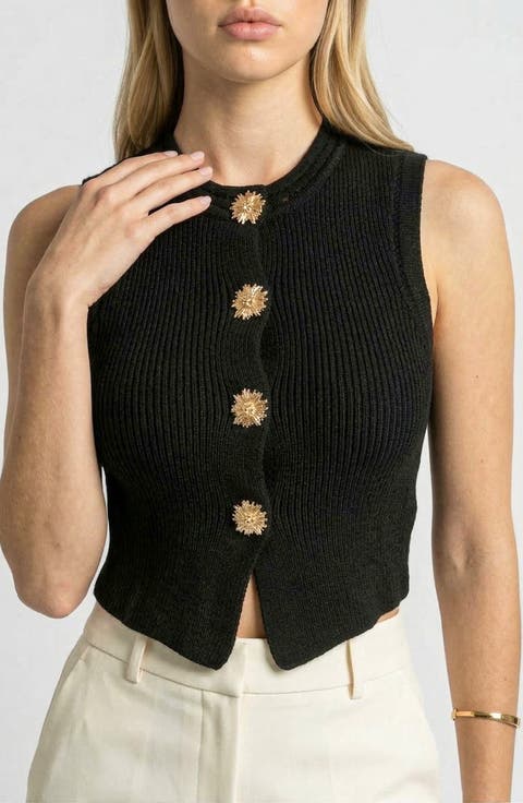 Sleeveless Ribbed Knit Vest with Button Front and Round Neck