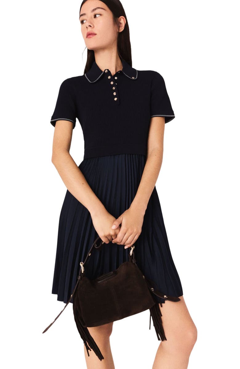 maje Mini pleated polo collar dress, Alternate, color, Navy
