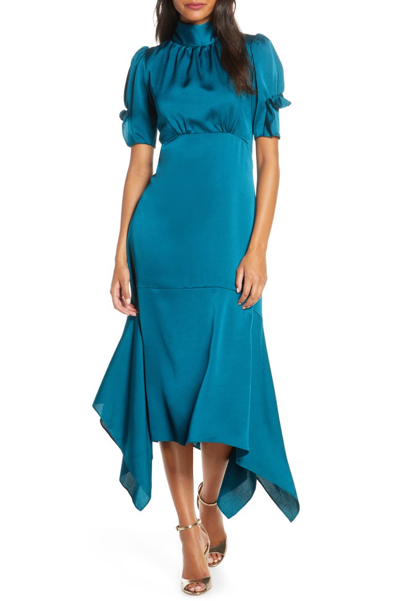 Ruffle Puff Sleeve Dress, Main, color, TEAL