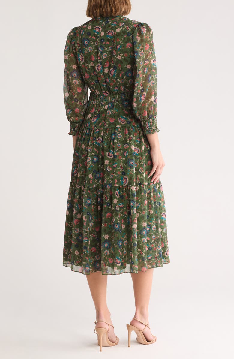 Vince Camuto Floral Long Sleeve Chiffon Midi Dress, Alternate, color, Olive