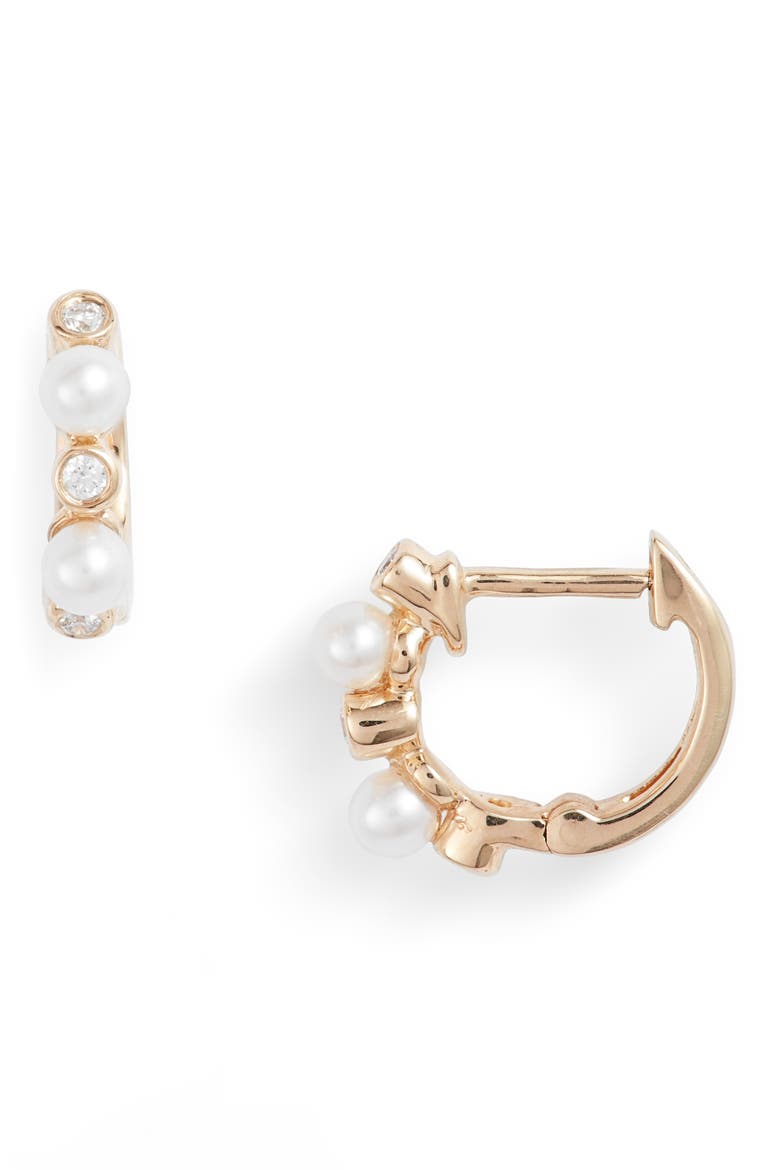 Pearl Ivy Diamond Huggie Hoop Earrings, Main, color, YELLOW GOLD/ PEARL/ DIAMOND