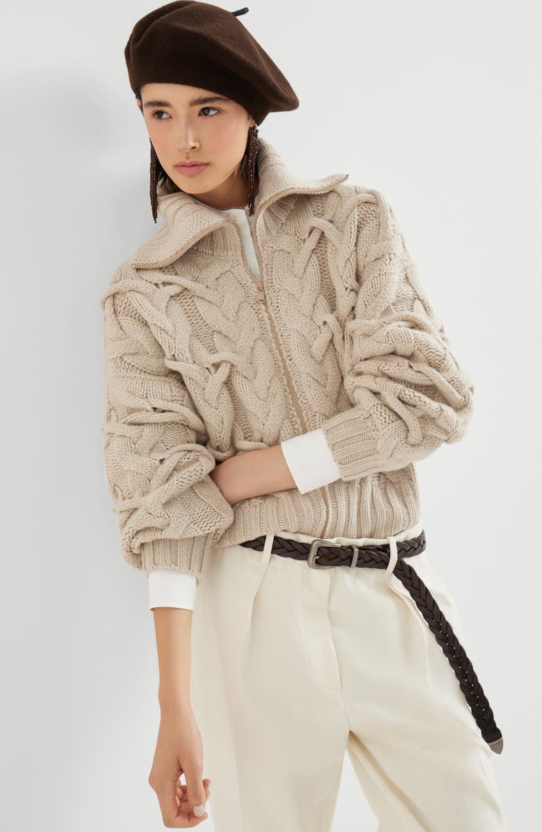 Brunello Cucinelli Crisscross cable cardigan, Alternate, color, Beige