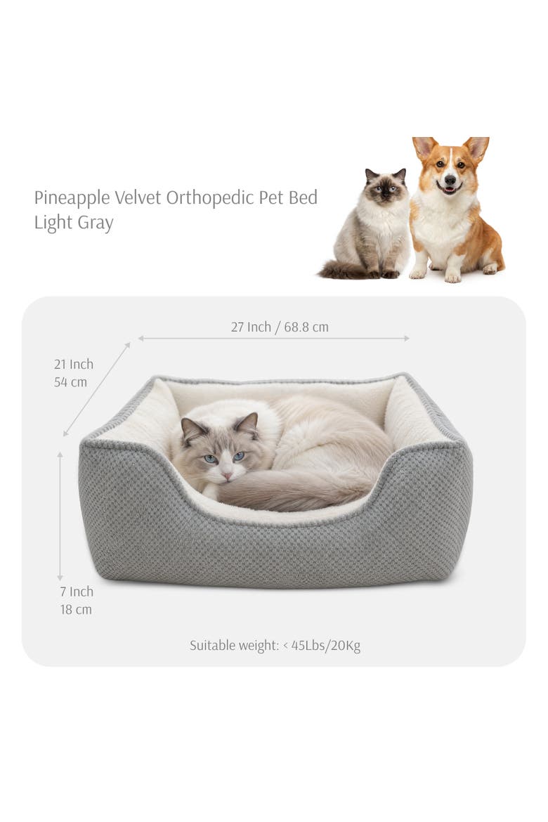 Essential Pineapple Velvet Square Cuddler Pet Bed, Alternate, color, Light Gray