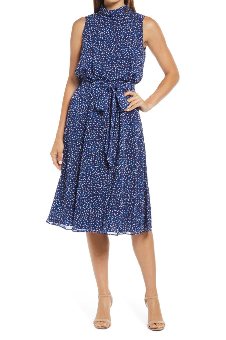 Dot Print Sleeveless Midi Dress, Main, color, NAVY
