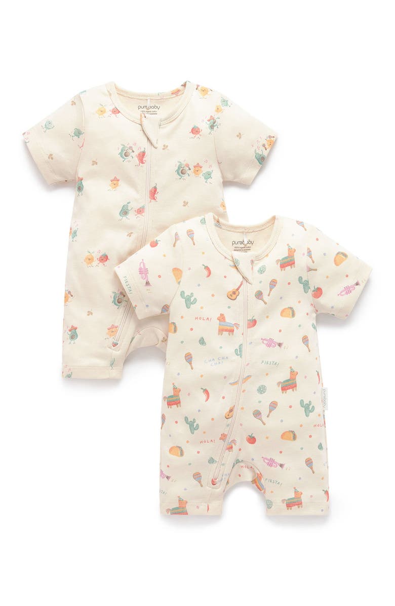 Purebaby 2 Pack Short Sleeve Zip Romper Pinata, Main, color, Pinata Print