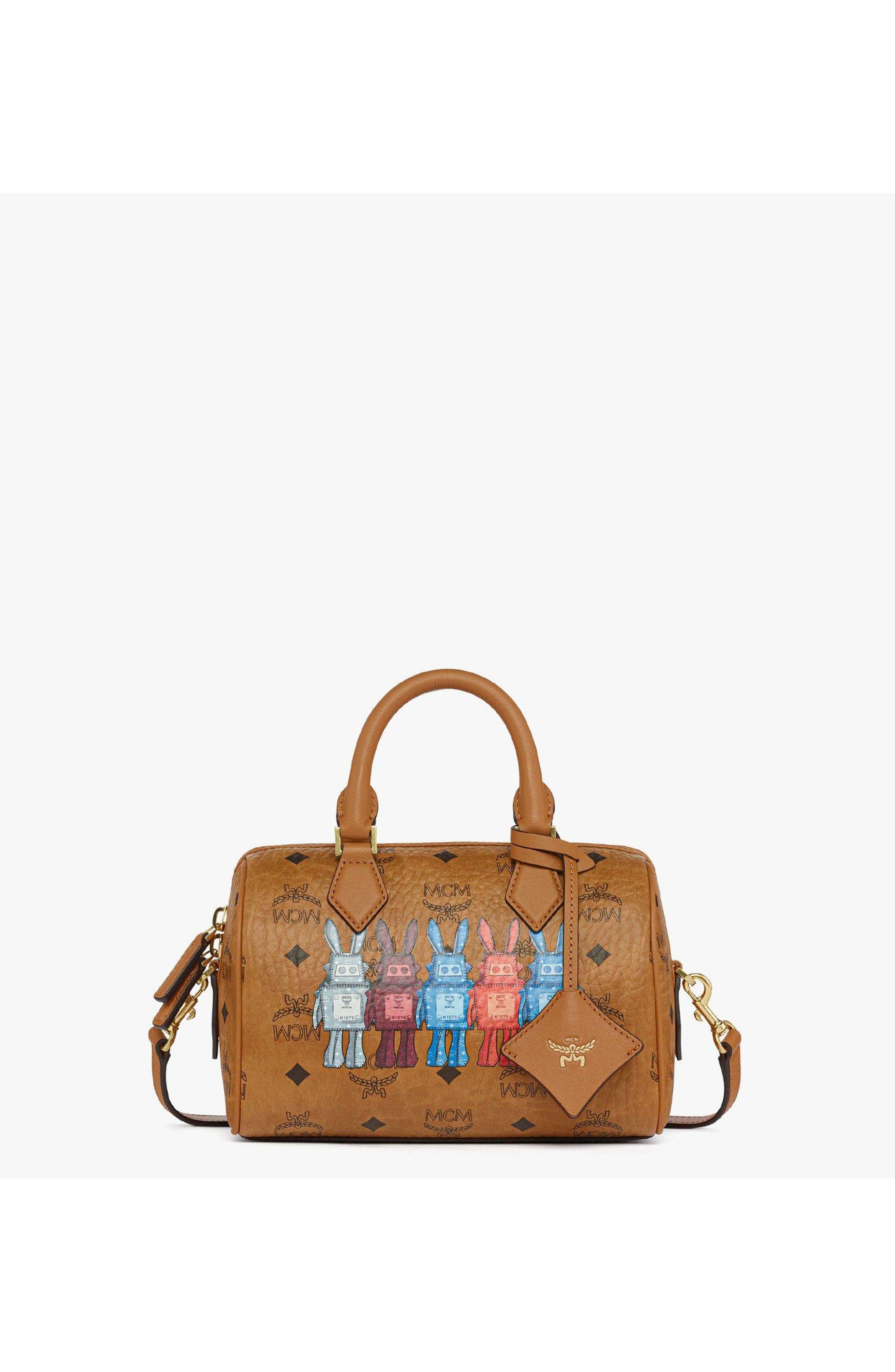 MCM Small Ella Boston Bag in Rabot Visetos, Main, color, Cognac