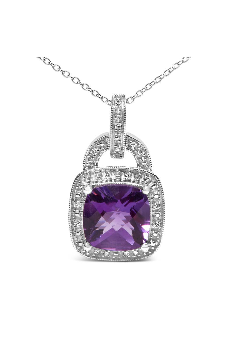 Silver 10X10 MM Cushion Purple Amethyst and Diamond Accent Halo Pendant Necklace, Alternate, color, White