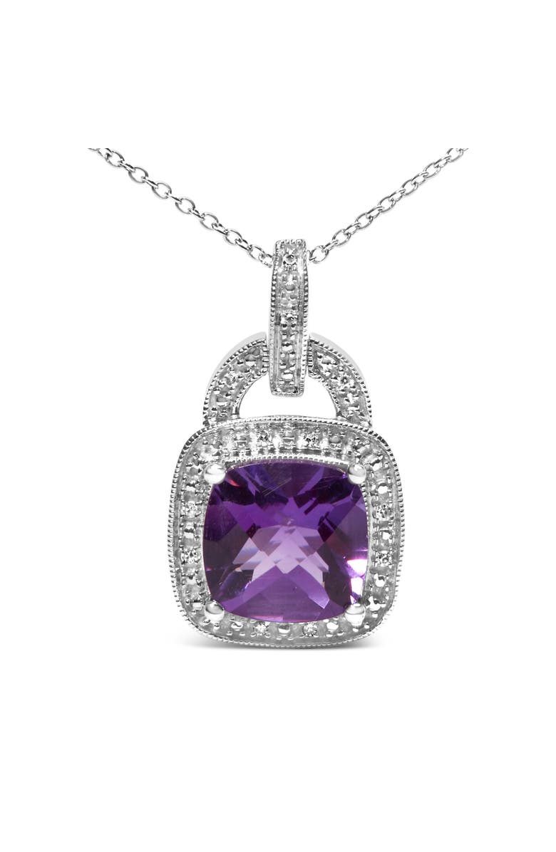 Haus of Brilliance Silver 10X10 MM Cushion Purple Amethyst and Diamond Accent Halo Pendant Necklace, Alternate, color, White