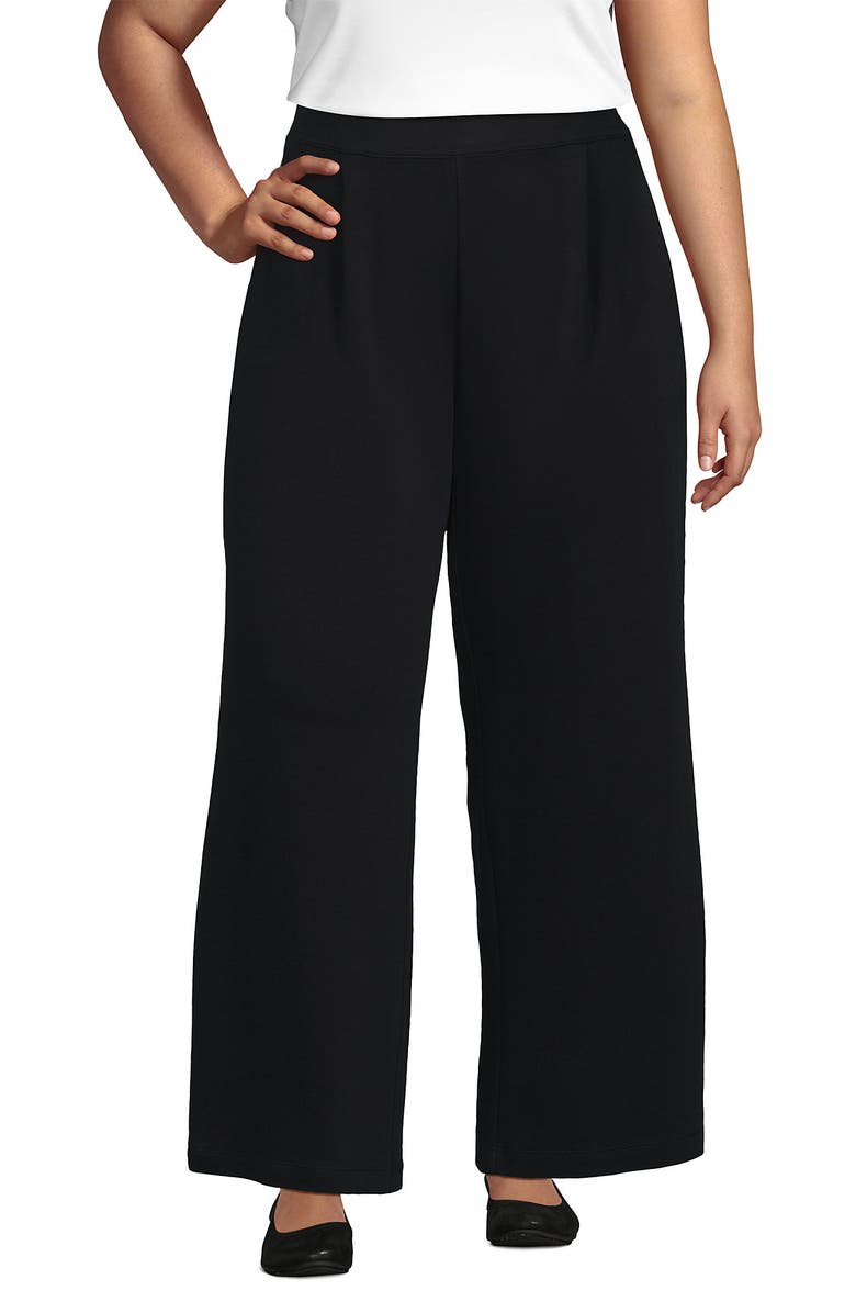 Lands' End Plus Size Knit High Rise Pleated Wide Leg Pants, Main, color, Black