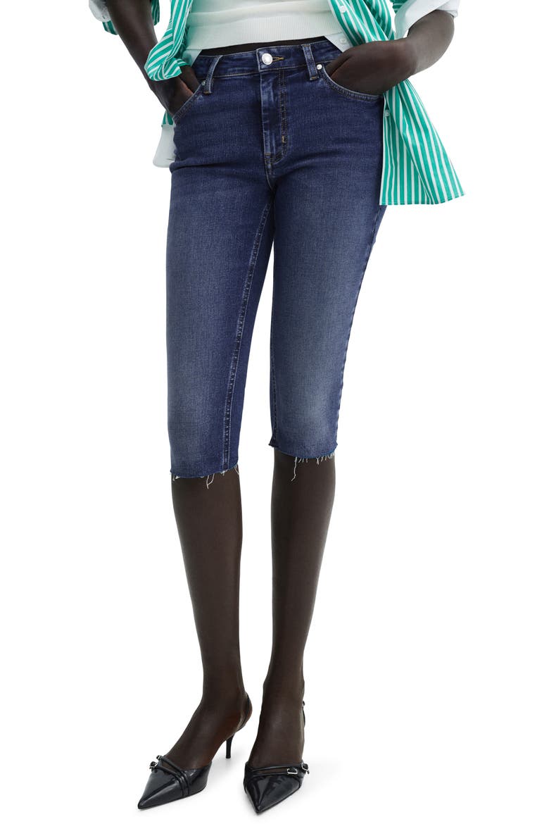 Raw Hem Low Rise Skinny Denim Bermuda Shorts, Main, color, DARK BLUE