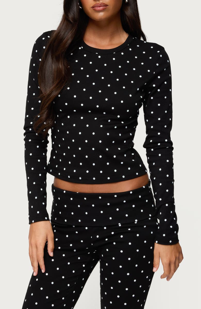EDIKTED Daliya Polka Dot Crop Stretch Cotton T-Shirt, Main, color, Black