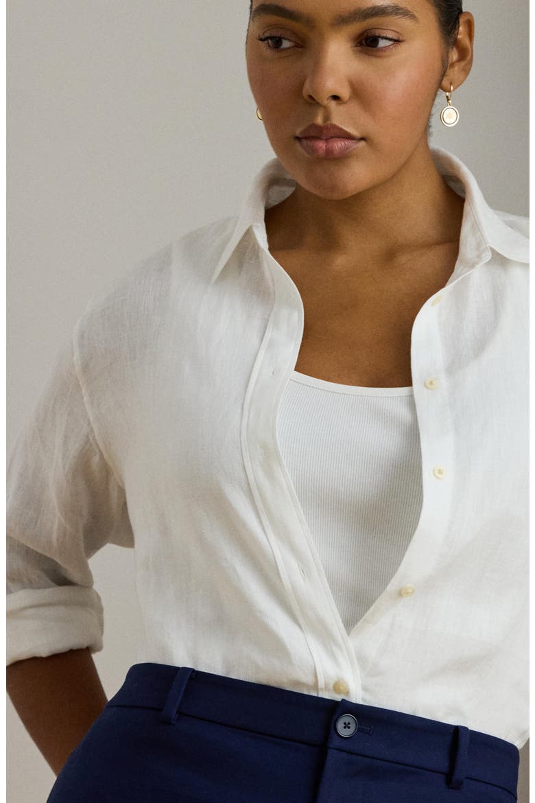 Relaxed Fit Linen Roll Tab Sleeve Shirt, Alternate, color, WHITE