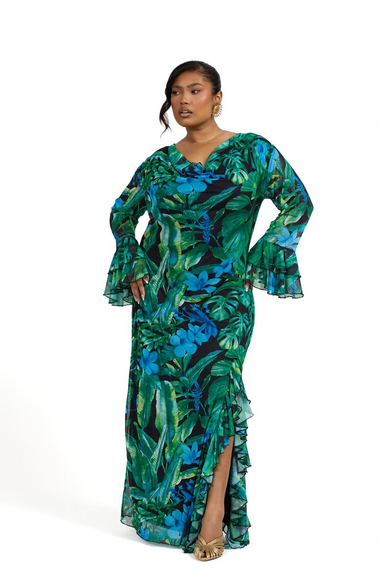 FASHION-SZN CURVE Ruffle Cowl Neck Palm Print Maxi Dress, Alternate, color, Green
