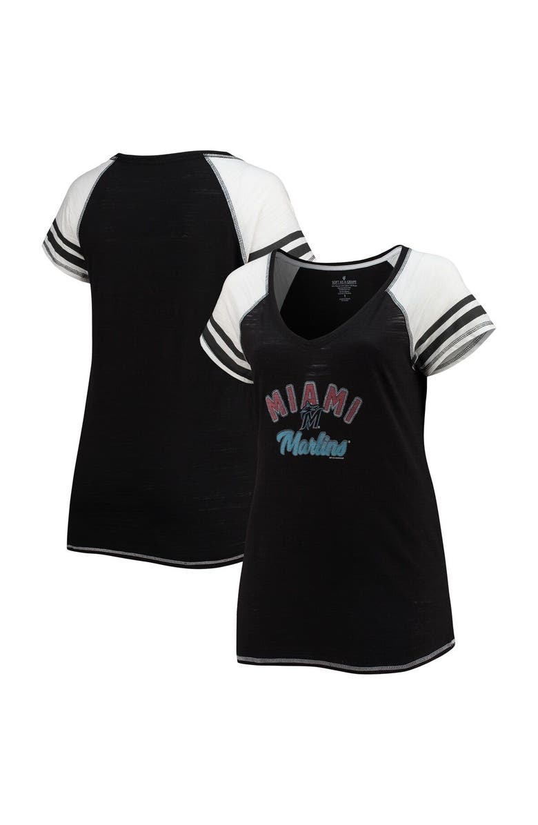 SOFT AS A GRAPE Women's Soft as a Grape Black Miami Marlins Curvy Colorblock Tri-Blend Raglan V-Neck T-Shirt, Main, color, Black