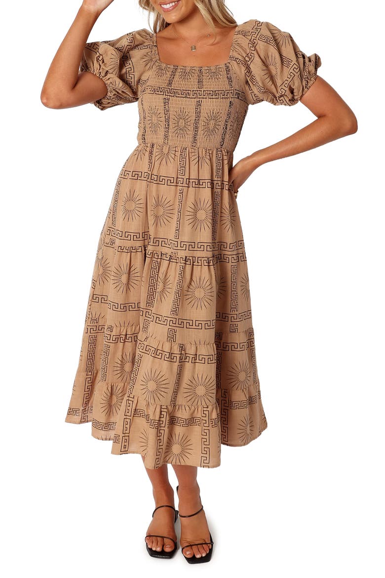 Soliel Puff Sleeve Midi Dress, Main, color, TAN BLACK
