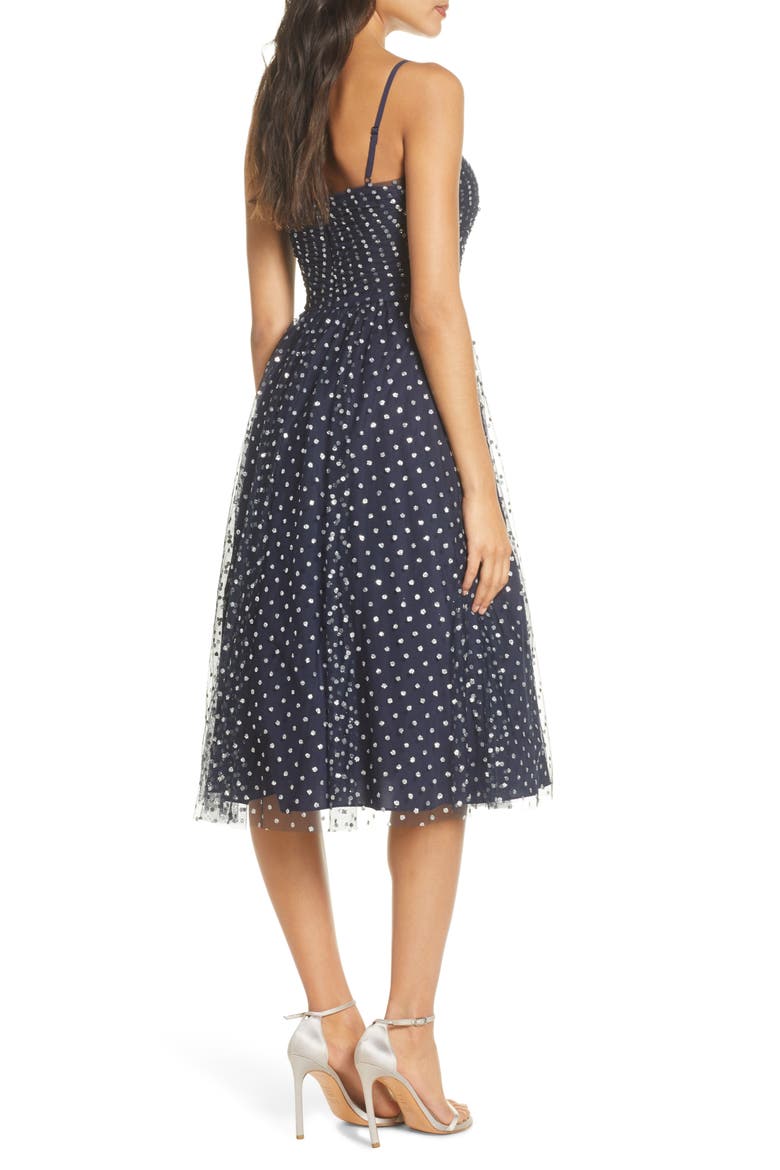 Glitter Mesh Fit & Flare Cocktail Dress, Alternate, color, NAVY