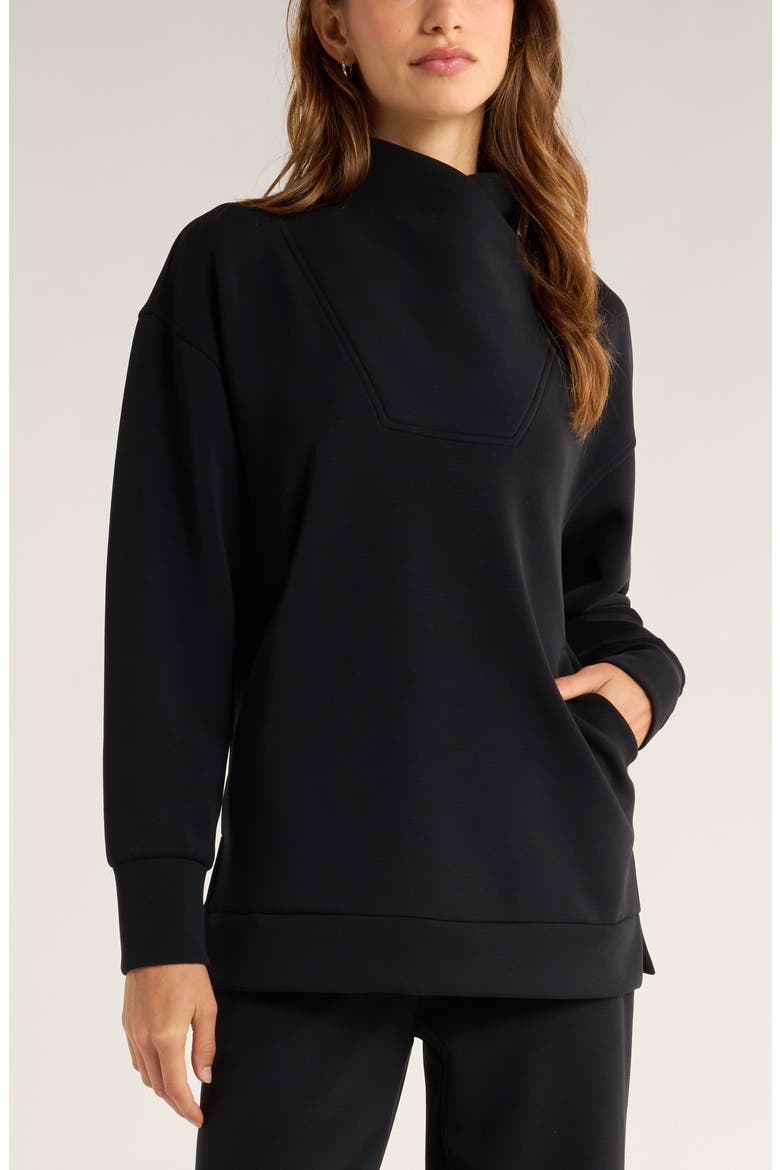Cozy Scuba Knit Mock Neck Tunic, Main, color, BLACK