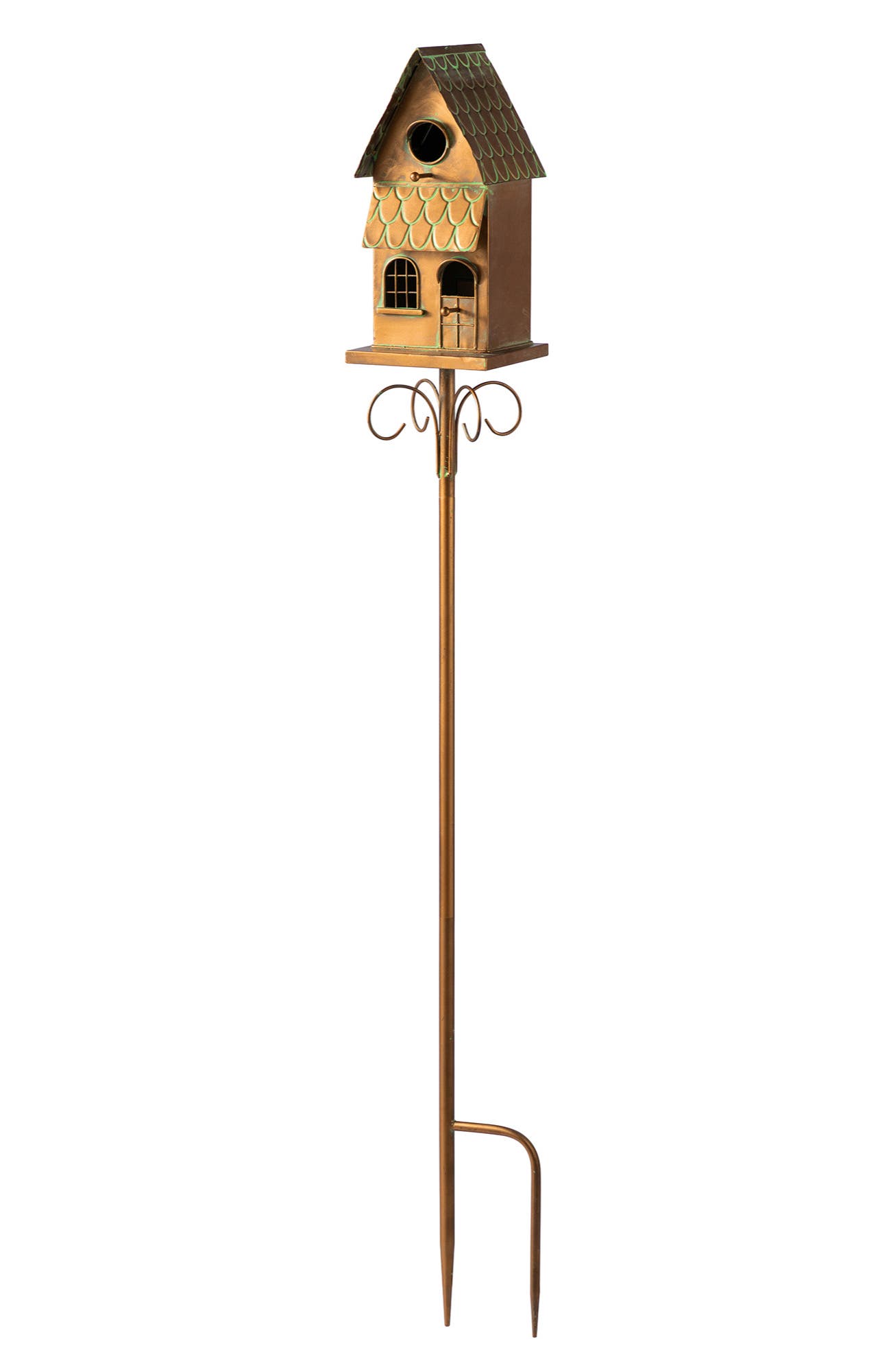 Glitzhome Farmhouse Faux Copper 2-Tiered Metal Decorative Garden Birdhouse with Stake - Bronze, Large
