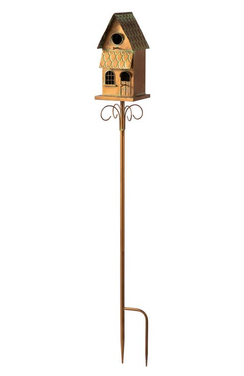 Farmhouse Faux Copper 2-Tiered Metal Decorative Garden Birdhouse with Stake