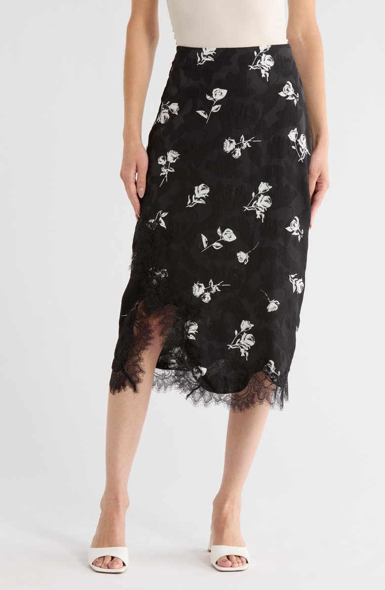 VERO MODA Rose Print Lace Hem Skirt, Main, color, Black Rose