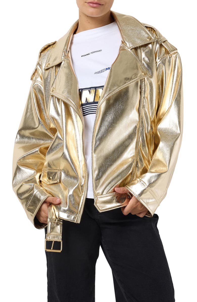 Noisy may Maddie Paulina Metallic Faux Leather Jacket, Main, color, Gold Colour Detailb