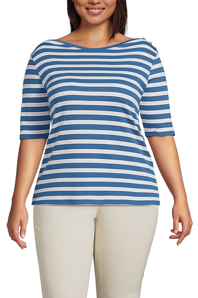 Supima Cotton Elbow Sleeve Boatneck Button Shoulder Tee, Alternate, color, Teal Blue Ocean Multi Stripe