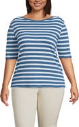 Lands' End Supima Cotton Elbow Sleeve Boatneck Button Shoulder Tee