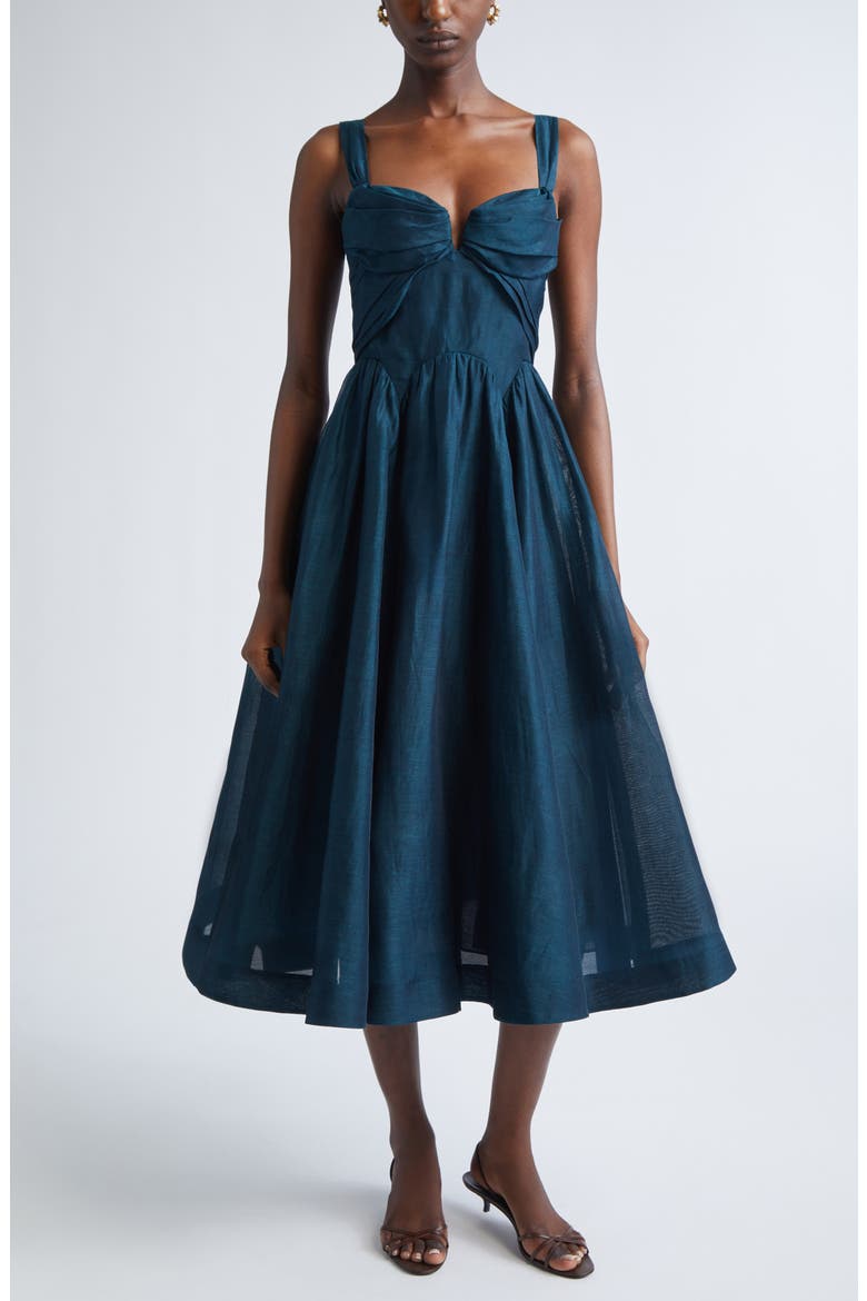 Rebellion Draped Linen & Silk Fit & Flare Midi Dress, Main, color, TEAL