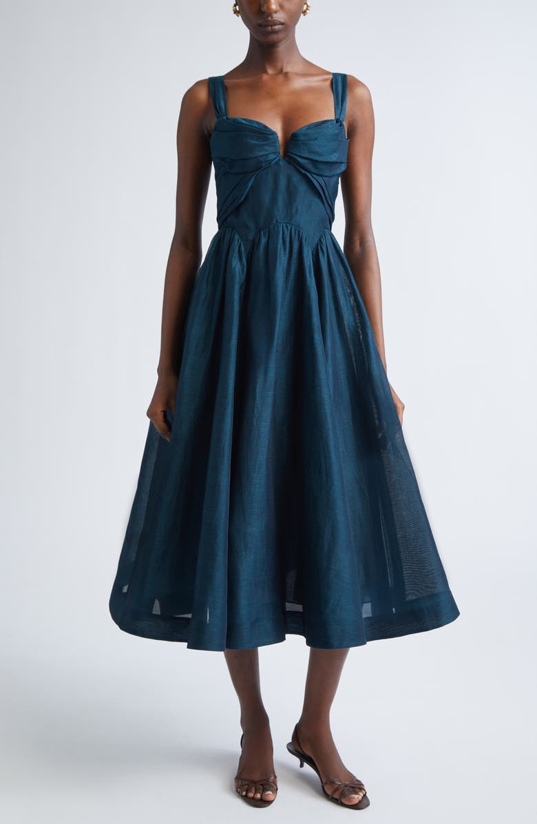 Zimmermann Rebellion Draped Linen & Silk Fit & Flare Midi Dress, Main, color, Teal