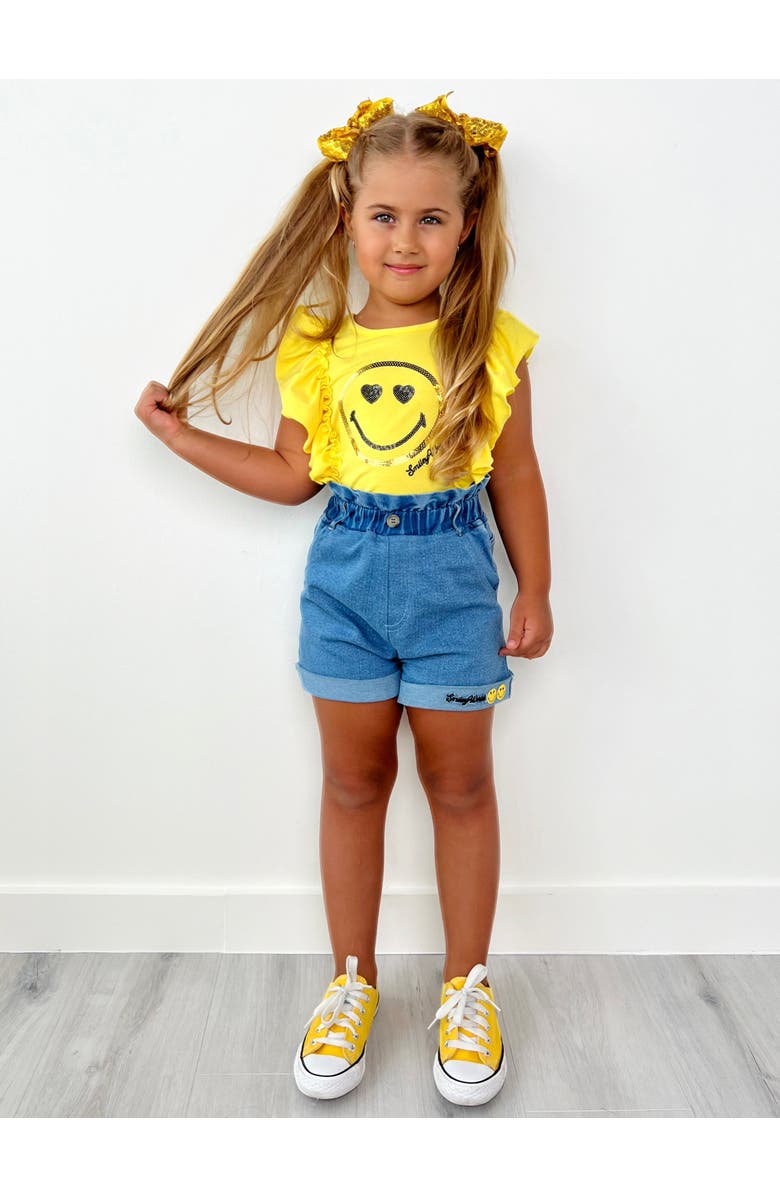 Mia Belle Girls Girls SmileyWorld Bold Expression Denim Shorts Set, Alternate, color, Yellow