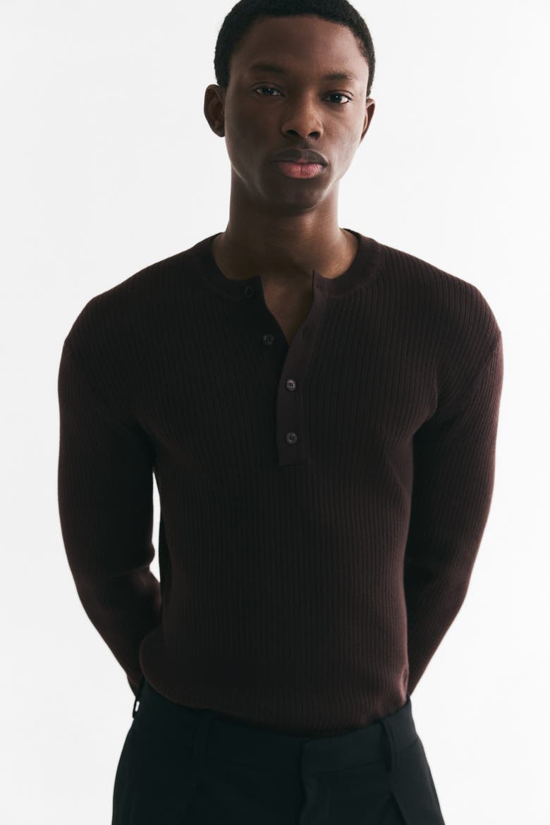 Slim-fit Ribbed Henley Shirt, Alternate, color, Dark brown