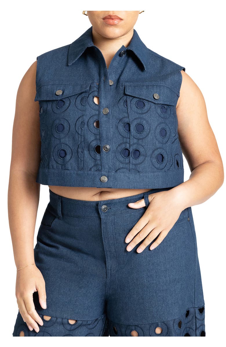 ELOQUII Circular Cutout Denim Vest, Main, color, Dark Wash