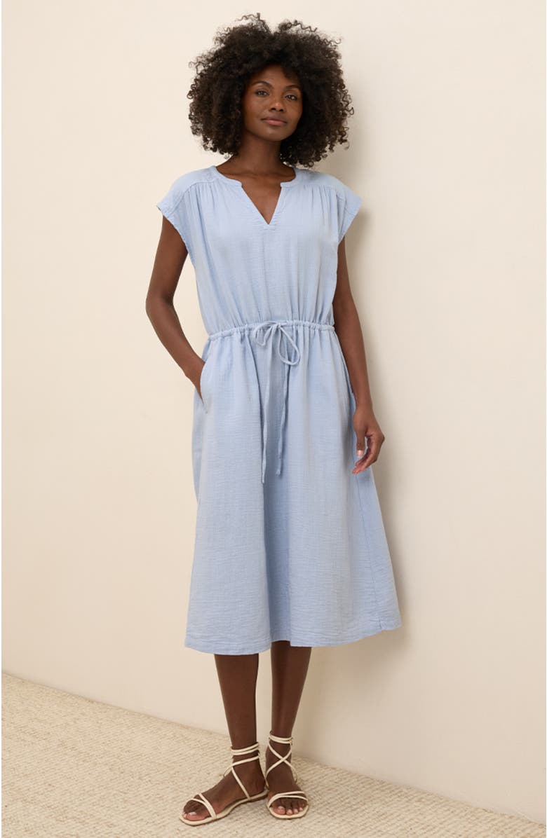 Pact Organic Cotton Coastal Double Gauze Tie Waist Midi Dress, Alternate, color, Cornflower Blue