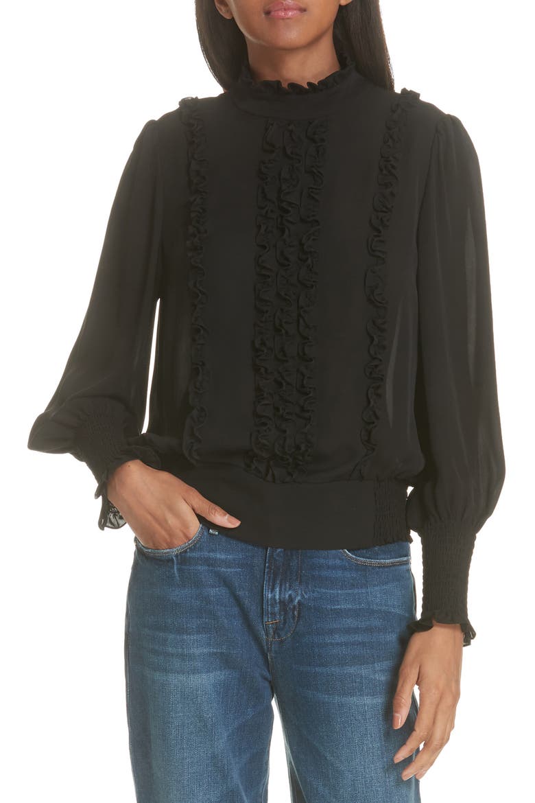 Smocked Ruffle Front Blouse, Main, color, NOIR