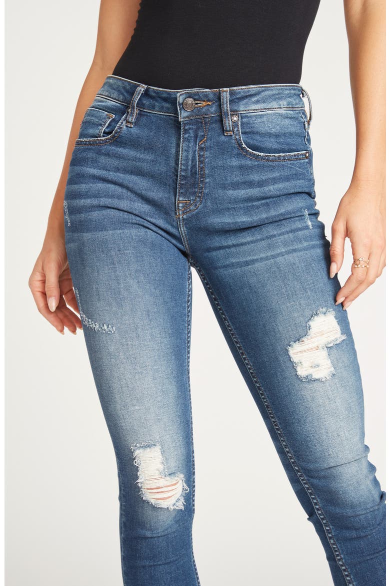 Jagger Distressed Raw Hem Skinny Jeans, Alternate, color, MED WASH