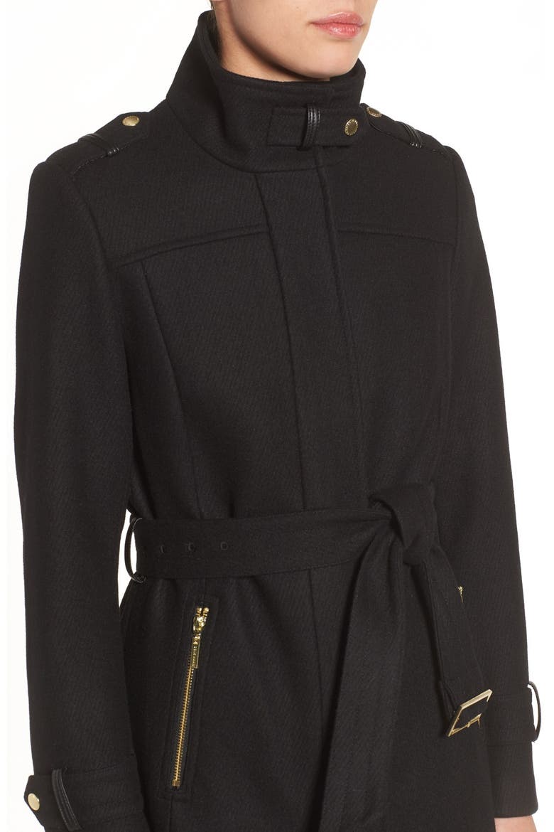 Cole Haan Funnel Neck Wool Blend Coat, Alternate, color, BLACK
