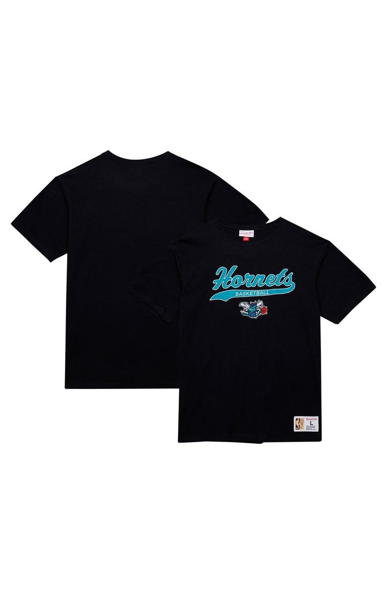 Mitchell & Ness Men's Mitchell & Ness Black Charlotte Hornets Hardwood Classics Felt Applique Slub T-Shirt, Main, color, 