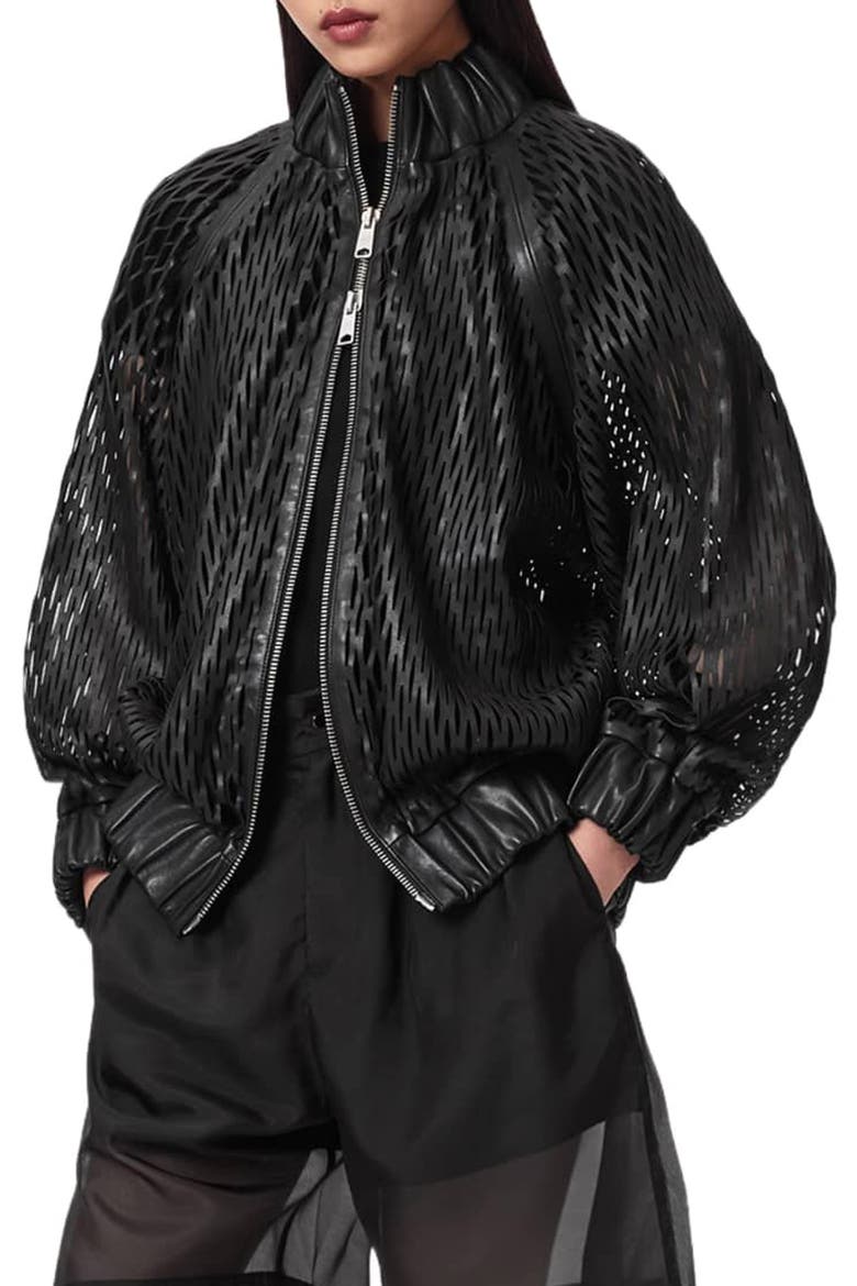 Dual Leather Bomber Jacket, Alternate, color, BLACK