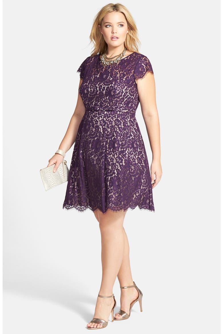 Belted Lace Fit & Flare Dress, Alternate, color, PURPLE