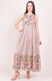 RAAS Floral Organza Tiered Maxi Dress